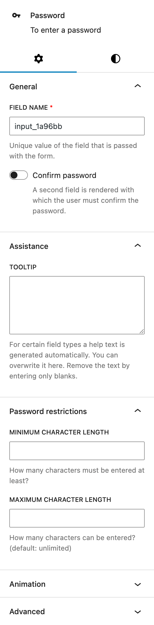 Screenshot of the Settings tab of Password block, explained in the following paragraphs.