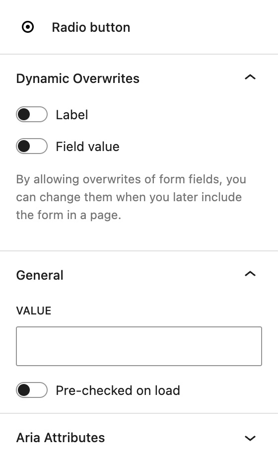 Screenshot of the Radio button child block, explained in the previous paragraphs.