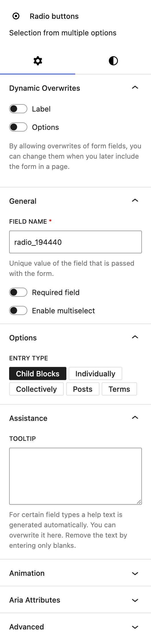 Screenshot of the Settings tab of Radio buttons block, explained in the following paragraphs.