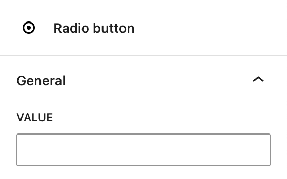 Screenshot of the Radio button child block with its value setting, explained in the previous paragraph.