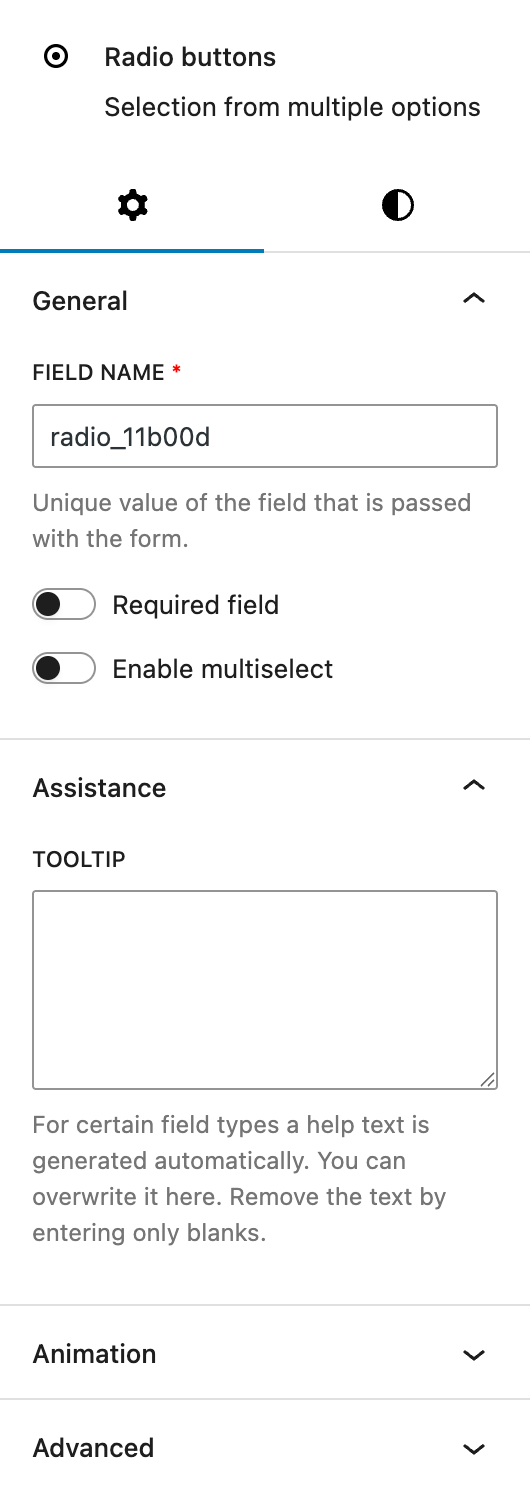 Screenshot of the Settings tab of Radio buttons block, explained in the following paragraphs.