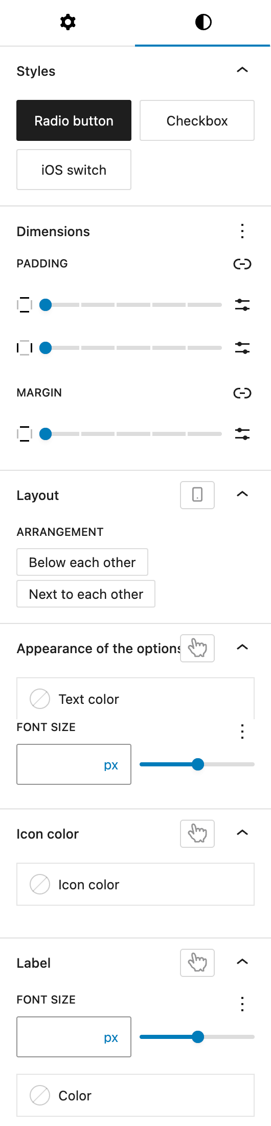 Screenshot of the Styles tab of Radio buttons block, explained in the following paragraphs.