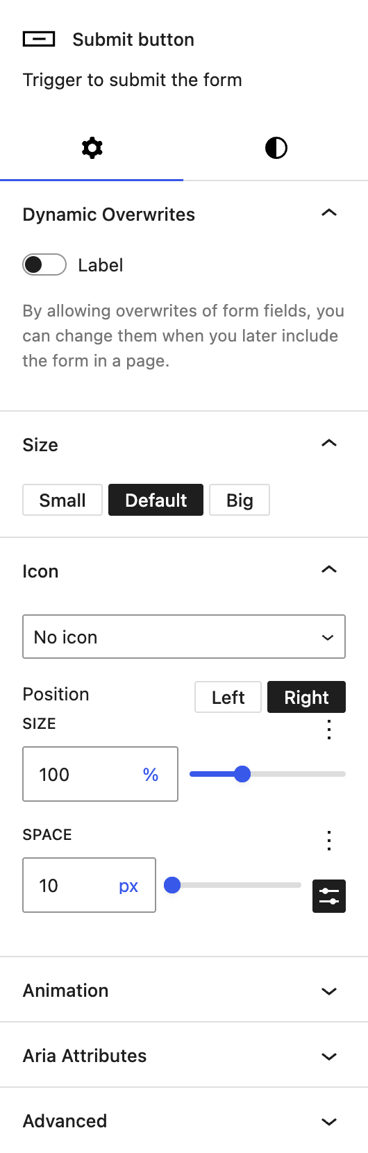 Screenshot of the Settings tab of Submit button, explained in the following paragraphs.
