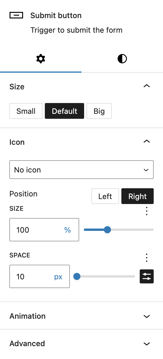 Screenshot of the Settings tab of Submit button, explained in the following paragraphs.