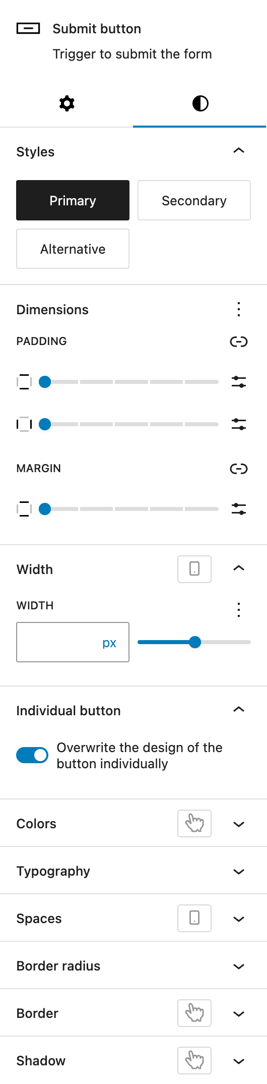 Screenshot of the Styles tab of Submit button, explained in the following paragraphs.