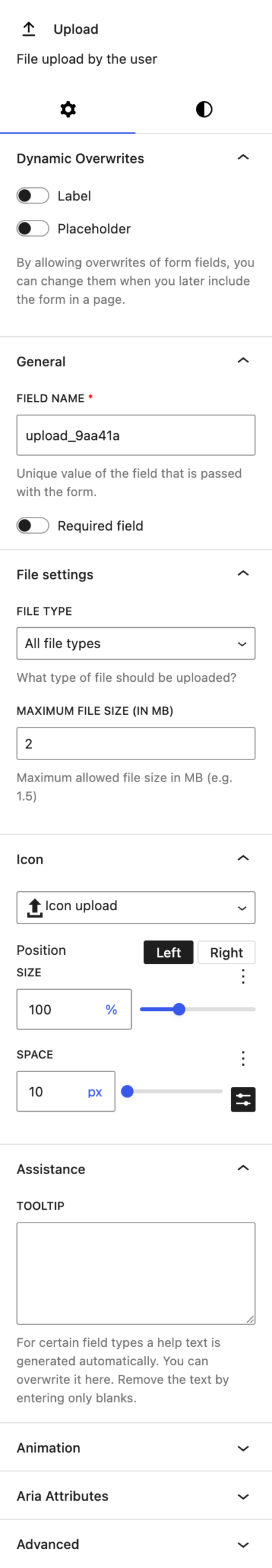 Screenshot of the Settings tab of Upload button, explained in the following paragraphs.