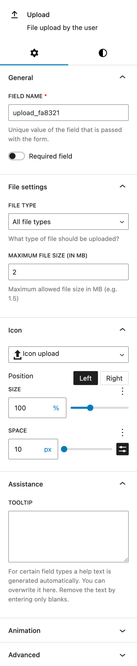 Screenshot of the Settings tab of Upload button, explained in the following paragraphs.