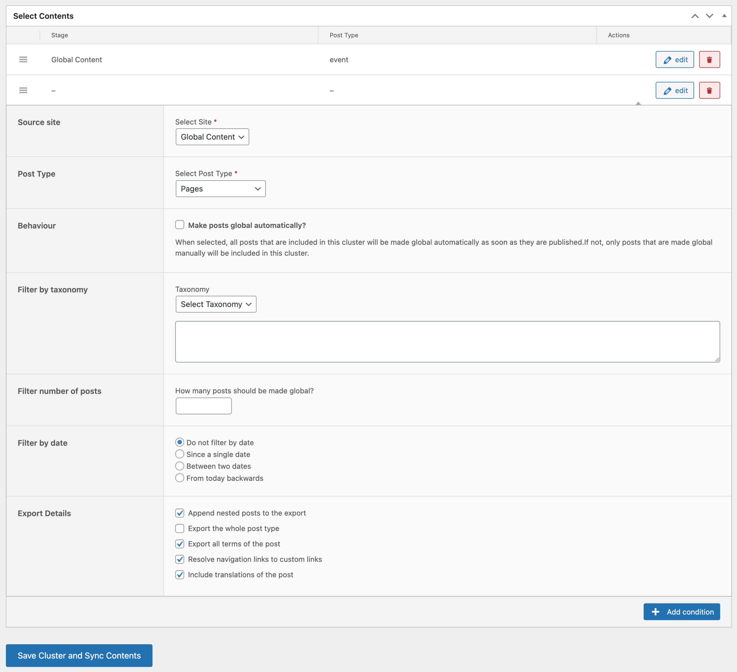 Screenshot of editing the conditions of a cluster, as explained in the paragraphs above and below.