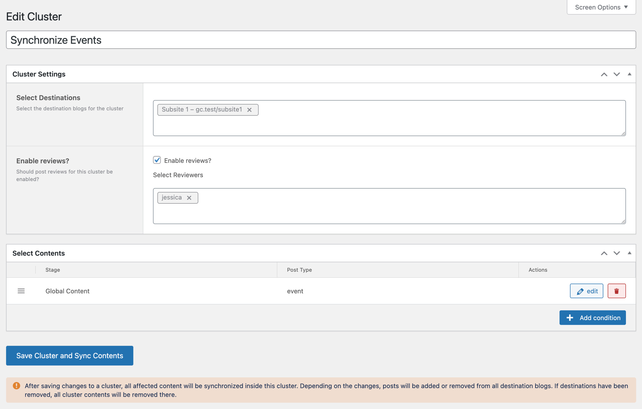 Screenshot of editing a cluster, as explained in the paragraphs above and below.
