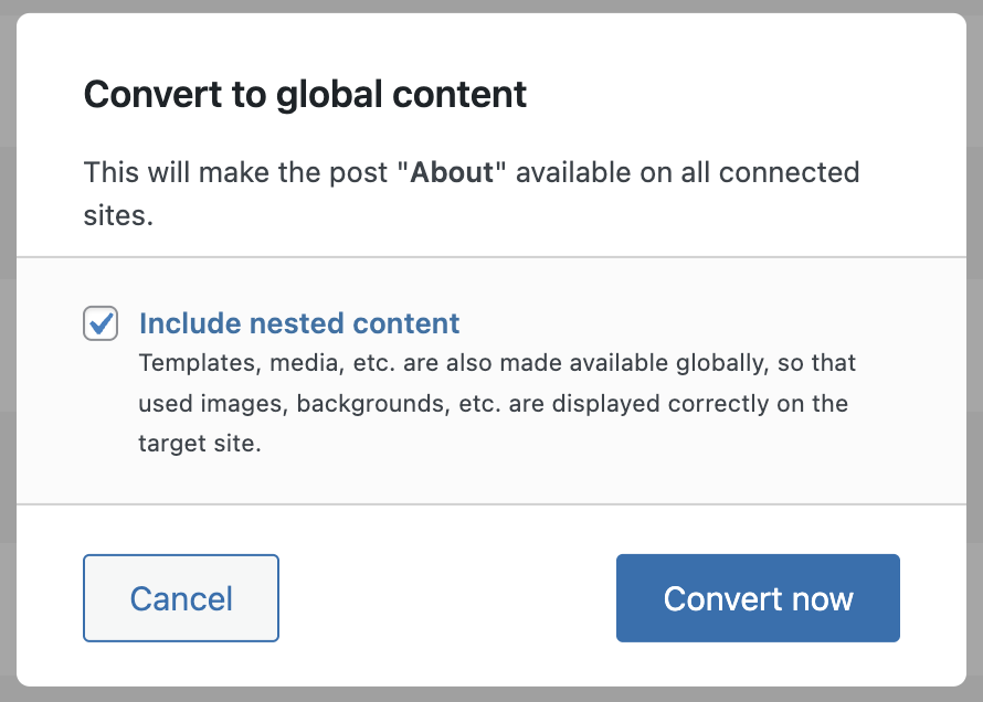 Screenshot of the confirmation modal to convert a post into global content, as explained in the paragraphs before and after.
