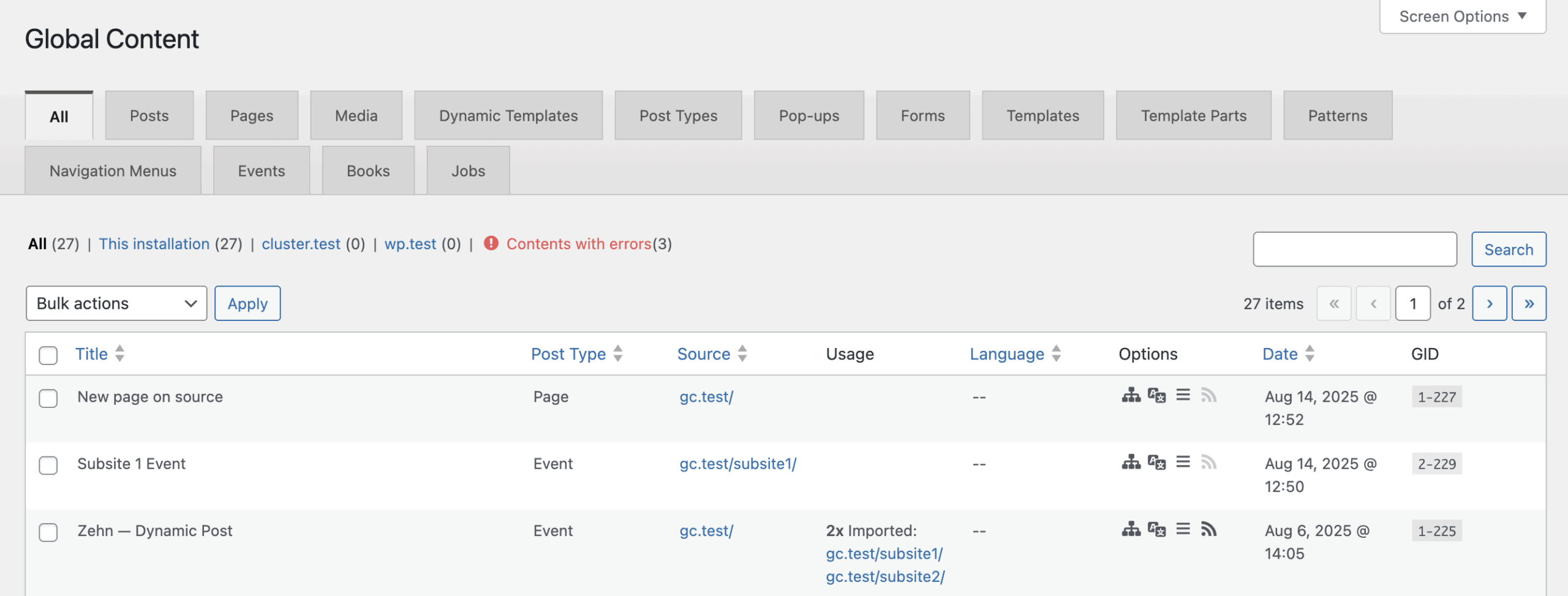 Screenshot of the Manage content at network level page, explained in the paragraphs above and below.