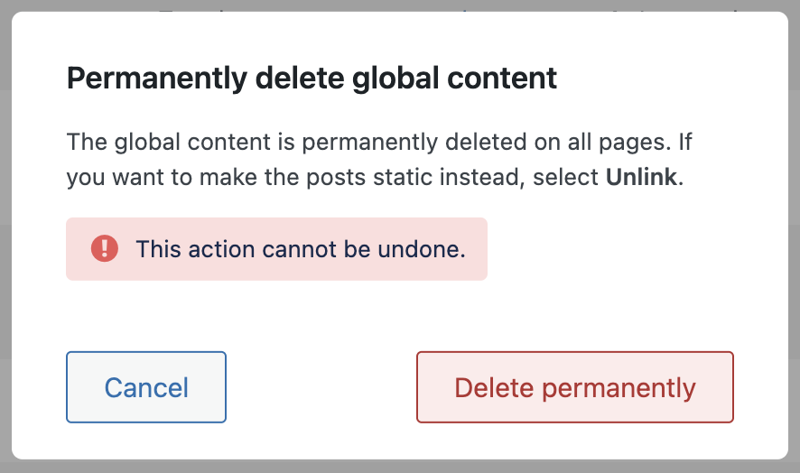 Screenshot of the confirmation pop-up to delete a post everywhere on the multisite network, as explained in the list above.