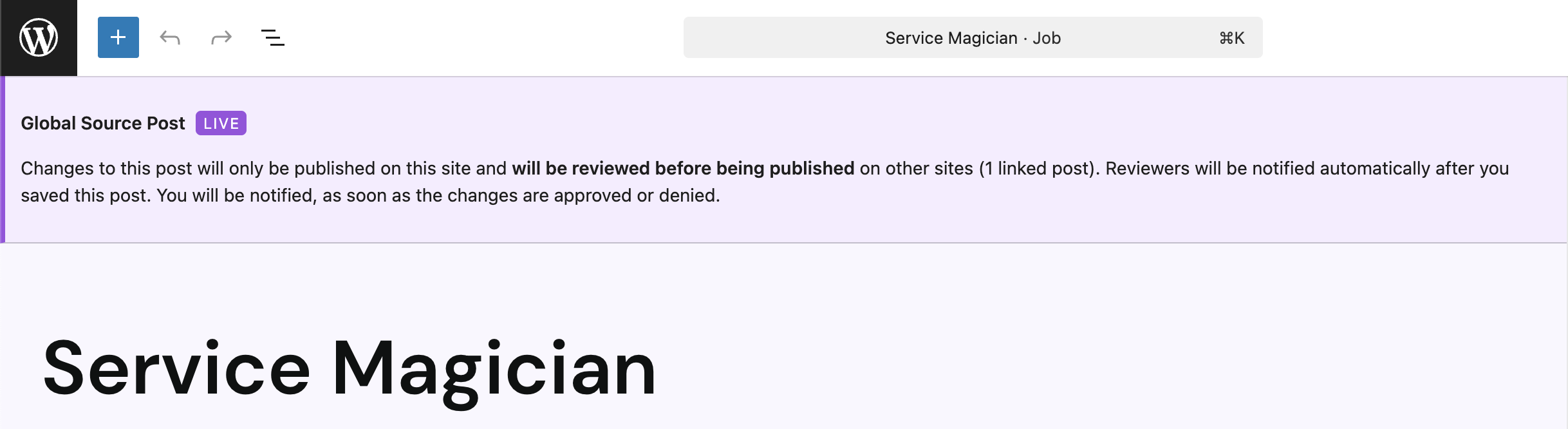 Screenshot of the purple notification bar on a post after being approved, as explained in the paragraph before.
