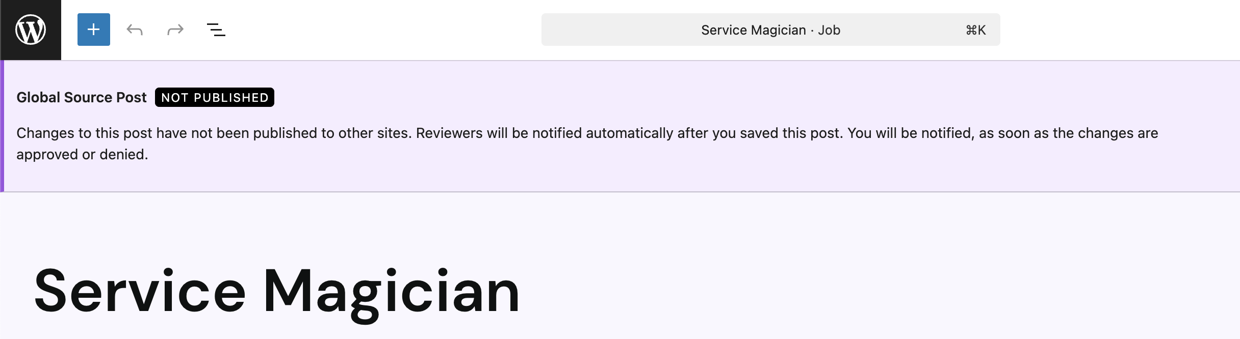 Screenshot of the purple notification bar on a post that is awaiting review, as explained in the paragraphs before and after.