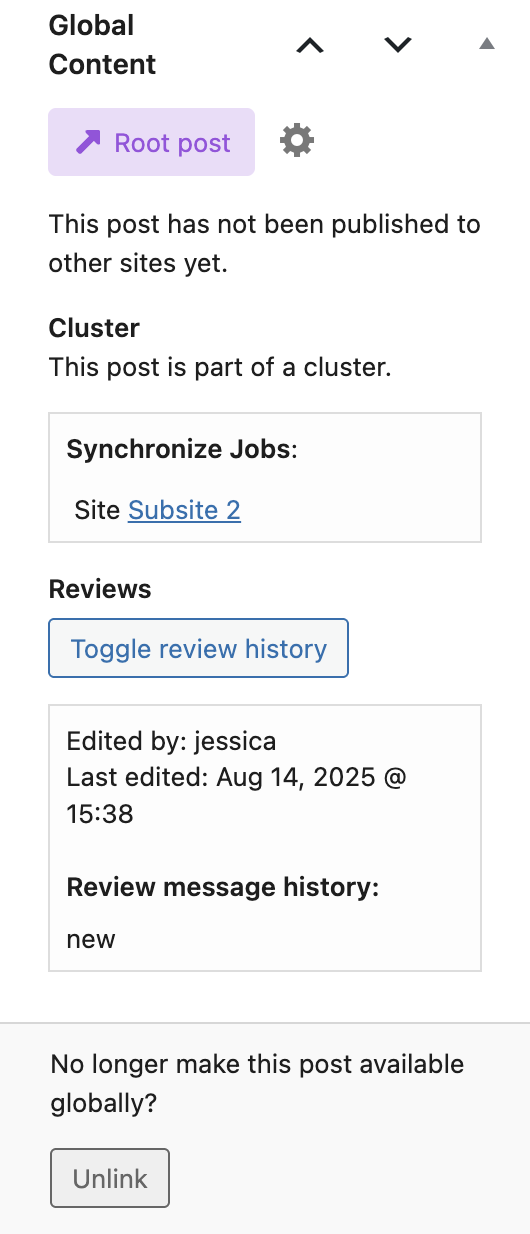 Screenshot of the sidebar section in the block editor for a post that is part of a cluster and reviews are enabled, explained in the paragraphs above and below.