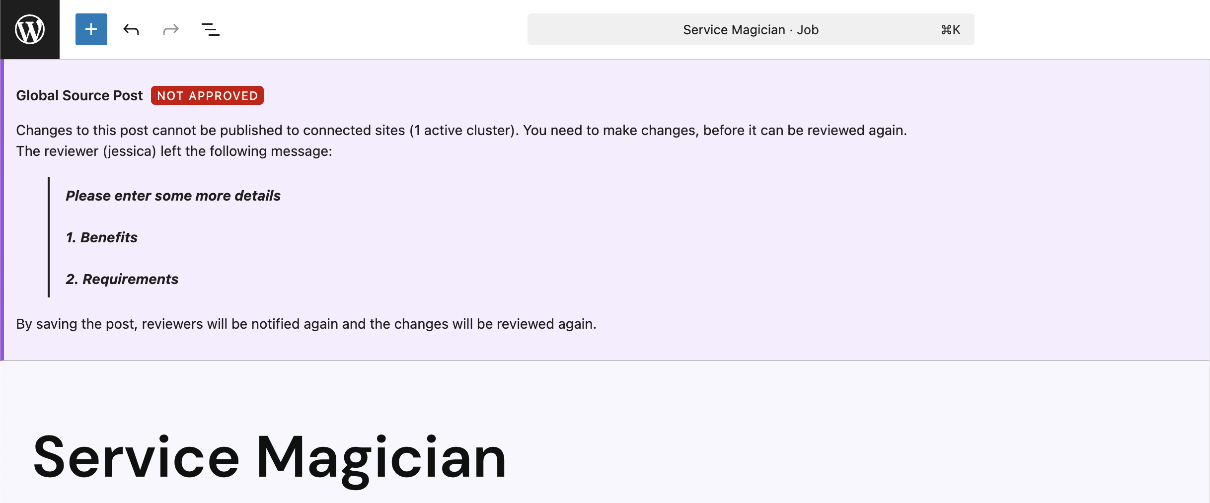 Screenshot of the purple notification bar on a post where modifications were requested, as explained in the paragraphs before and after.