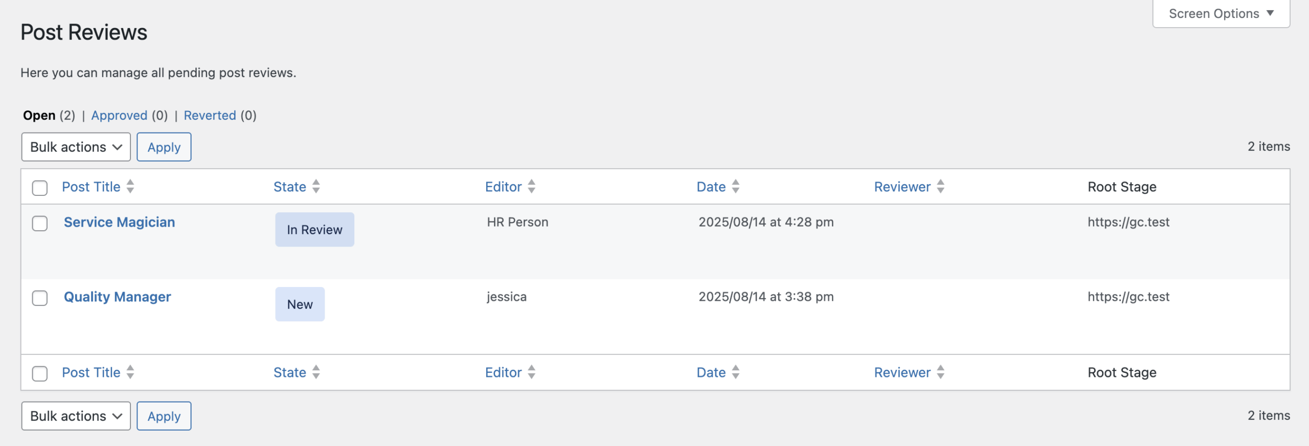 Screenshot of the post reviews overview page, as explained in the paragraphs before and after.