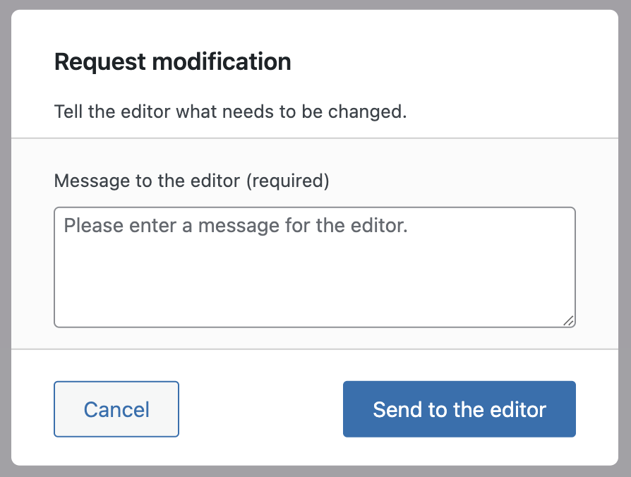 Screenshot of the request modification confirmation modal, as explained in the paragraph below.