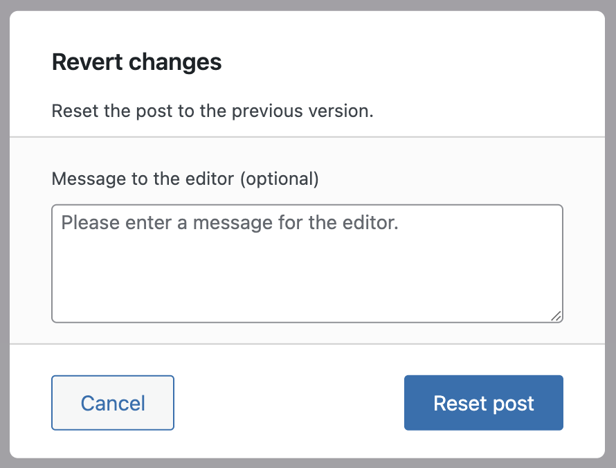 Screenshot of the revert changes confirmation modal, as explained in the paragraph below.