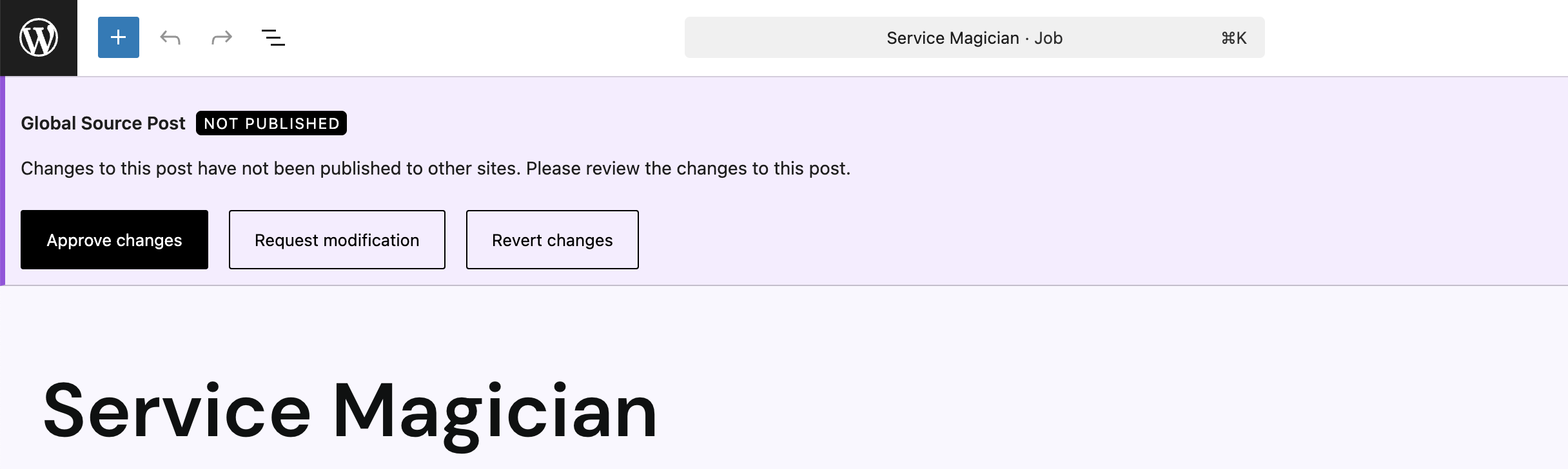 Screenshot of the purple notification bar on a post from a reviewers perspective, as explained in the paragraphs before and after.