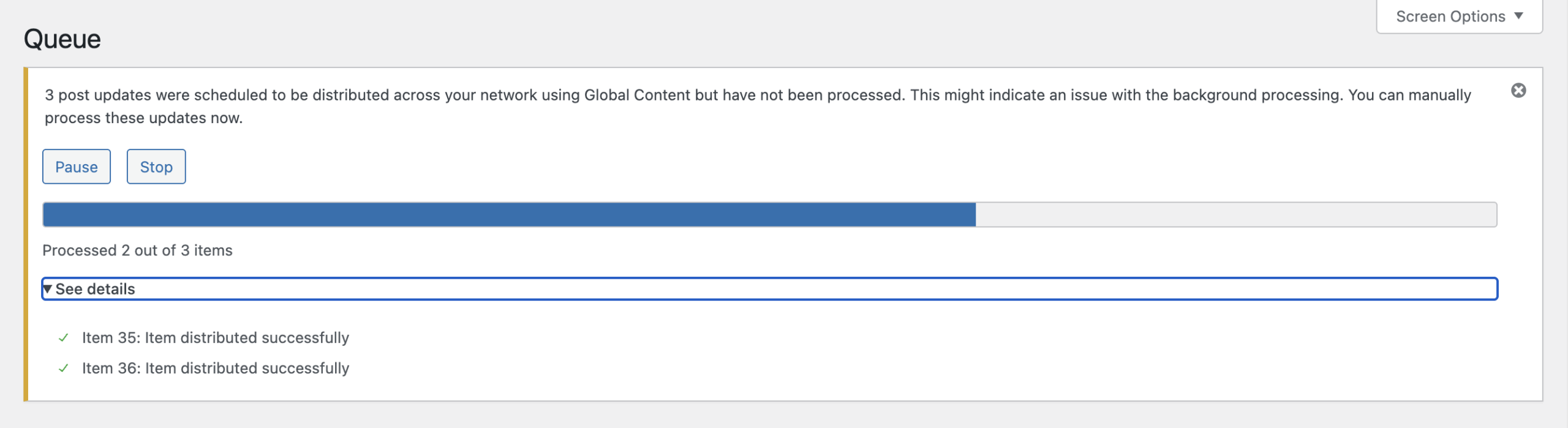 Screenshot of the manual processor for failed queue items page, explained in the paragraphs before and after.