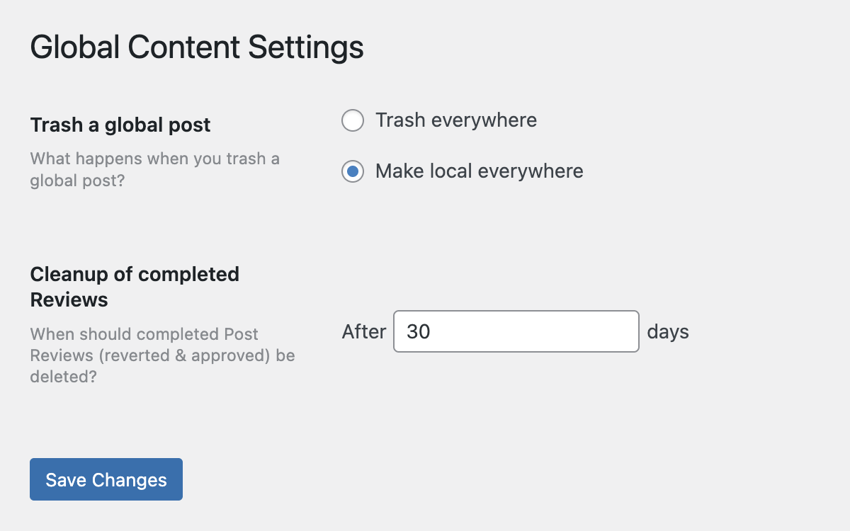 Screenshot of the Settings page in the network admin for Global Content, explained in the paragraphs above and below.