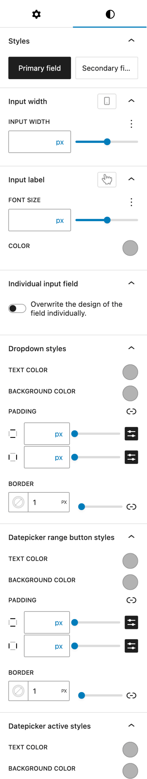 Screenshot of the Datepicker child block styles tab, explained in the paragraphs below.