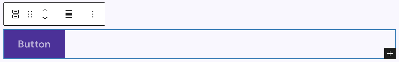 Screenshot of a Buttons (Greyd) block after insertion, with one Button (Greyd) child block added, explained in the following paragraphs.