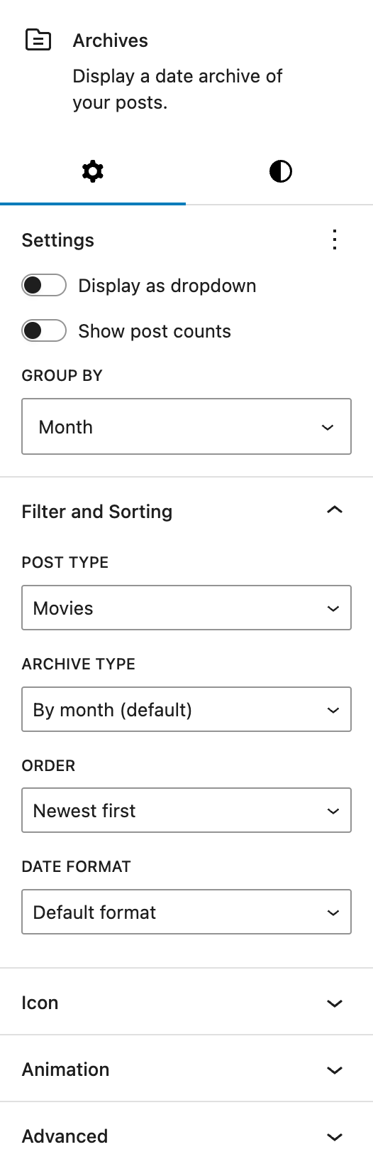 Screenshot of the Extended Archives Block settings tab, explained in the following paragraphs.