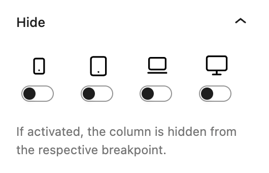 Screenshot of the Hide panel to toggle visibility of column per breakpoint