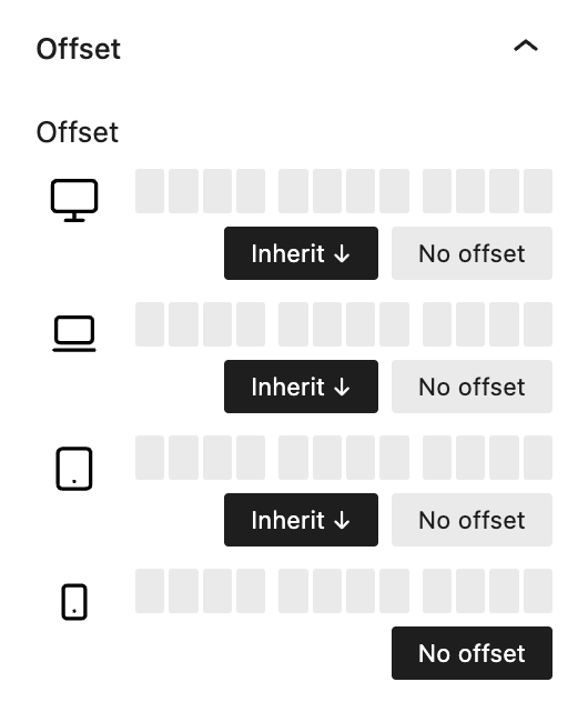 Screenshot of the Offset panel to add spacing to the left of a column per breakpoint
