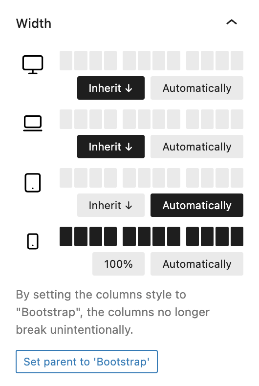 Screenshot of the Width panel to define column span per breakpoint