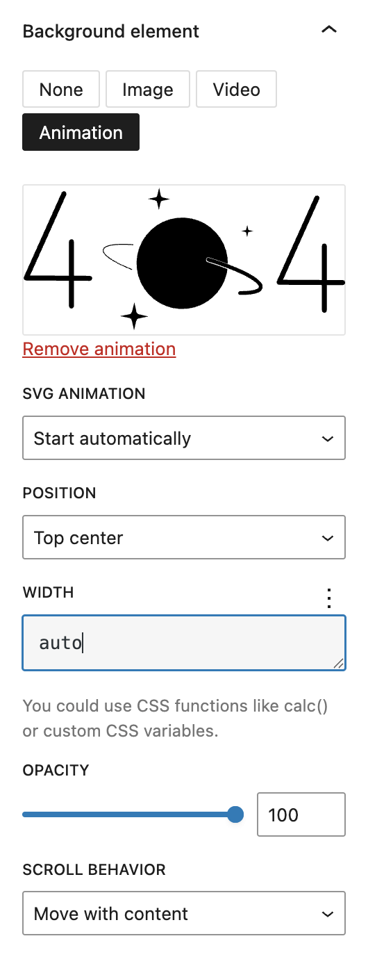 Screenshot of the Background element configuration of Columns block with animation selected, explained in the following paragraphs.