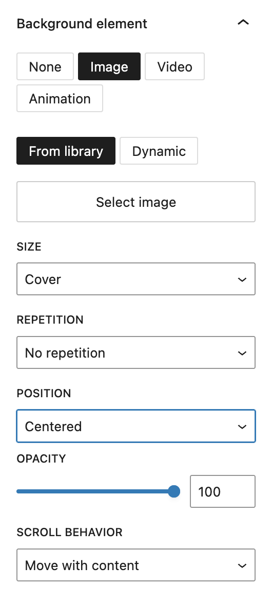 Screenshot of the Background element configuration of Columns block with image selected, explained in the following paragraphs.