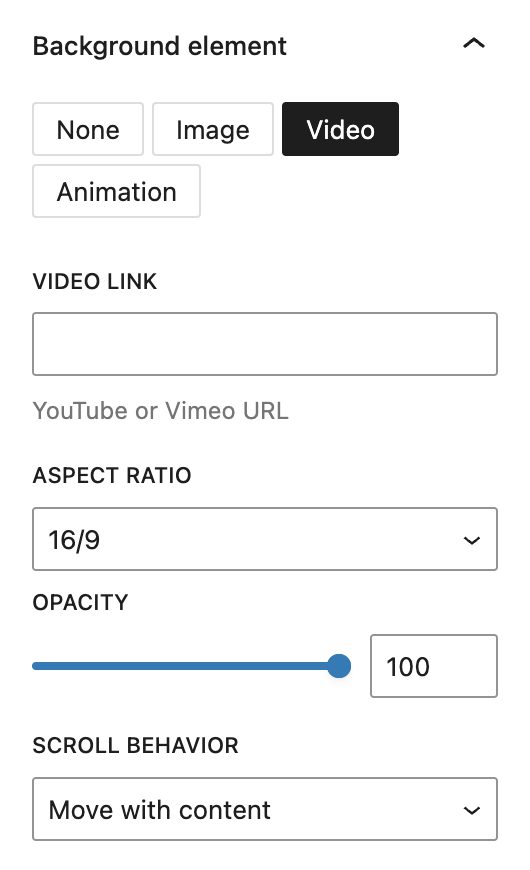 Screenshot of the Background element configuration of Columns block with video selected, explained in the following paragraphs.