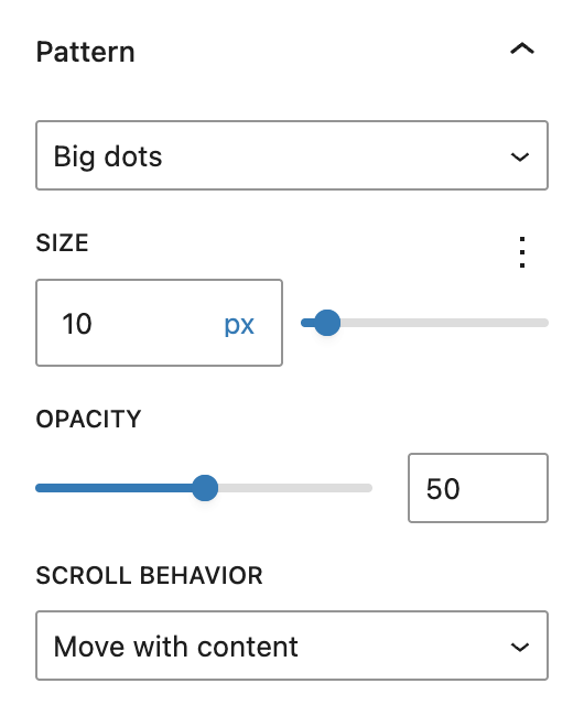 Screenshot of the Pattern panel to add texture or watermark-style visuals, explained in the following paragraph.