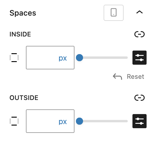 Screenshot of the Spaces panel for the columns block, explained in the following paragraph.