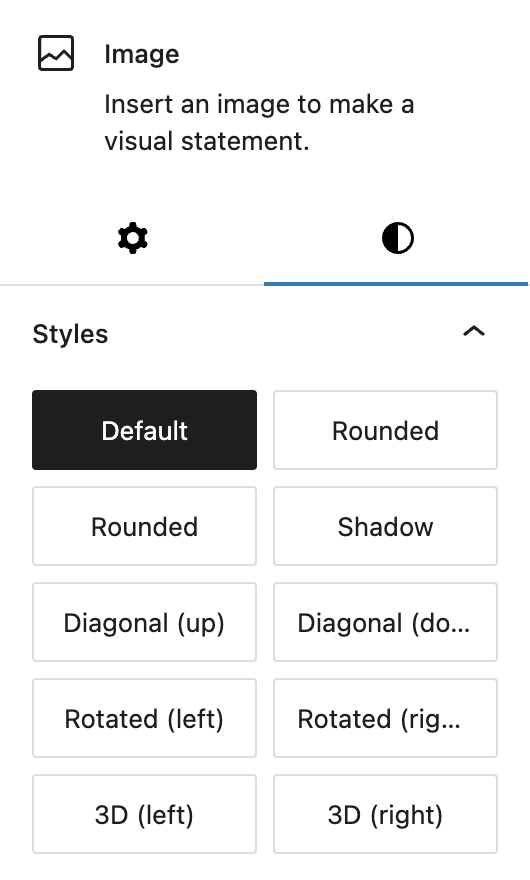 Screenshot of the Image Block styles in styles tab, explained in the following paragraph.