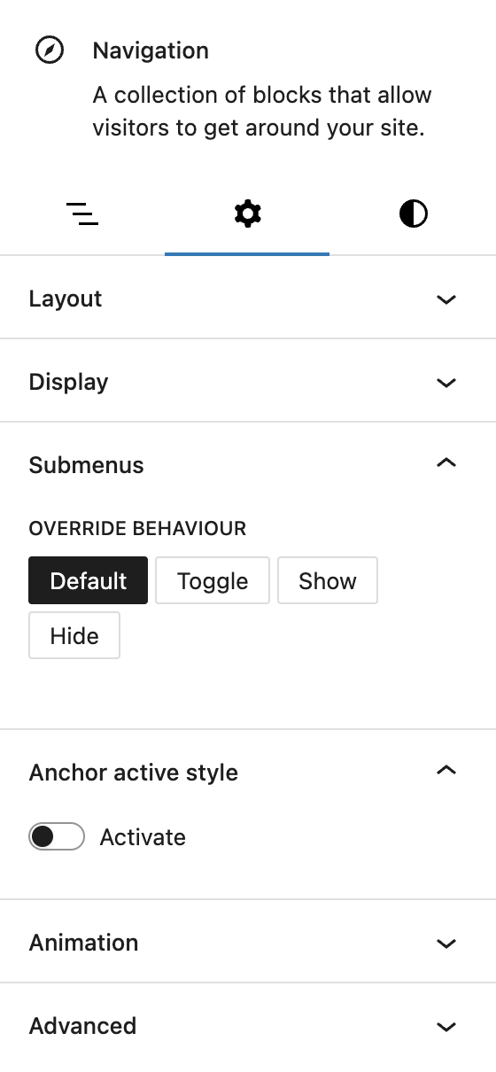 Screenshot of the Navigation Block Settings tab with submenu behaviour, explained in the following paragraphs.