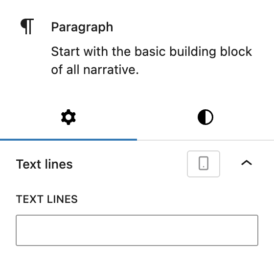 Screenshot of the Text lines control in settings tab of paragraph Block, explained in following paragraph.