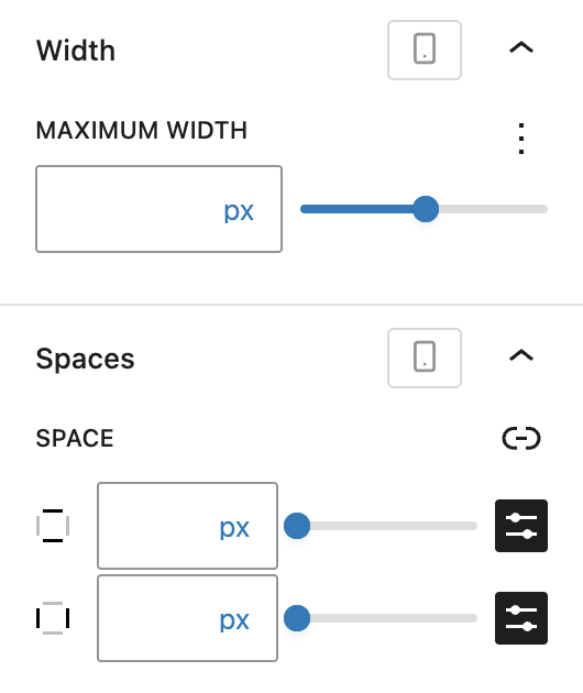 Screenshot of the styles tab of Paragraph block with configurable width and spaces, explained in the following paragraphs.