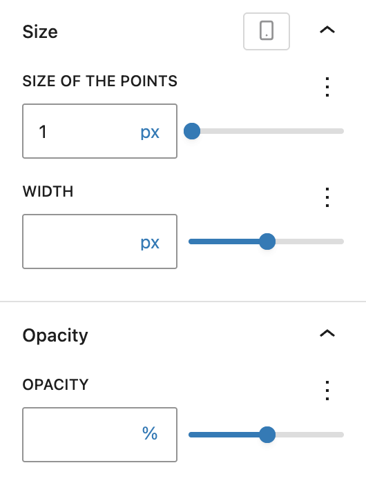 Screenshot of the Size options with dots enabled