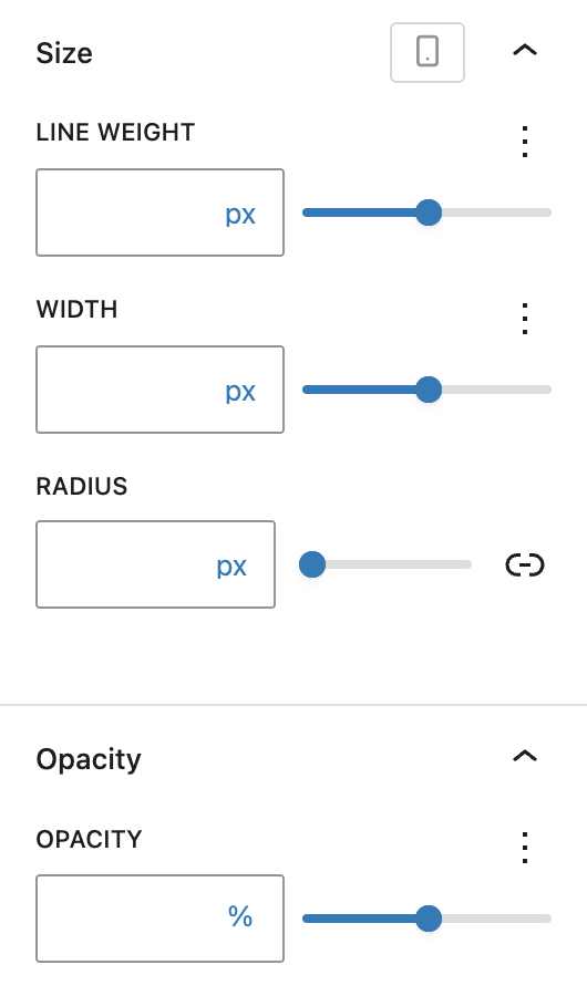 Screenshot of the Size options with dots disabled