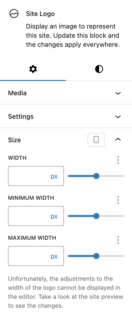 Screenshot of the Site Logo Block settings tab with size controls per breakpoint, explained in the following paragraphs.