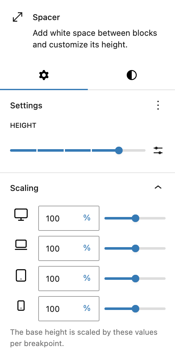 Screenshot of the Spacer settings tab, explained in following paragraph