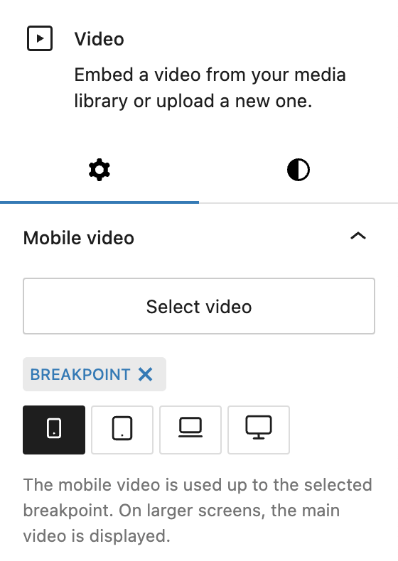 Screenshot of the Video Block settings tab with said Mobile video definition, explained in the following paragraphs.