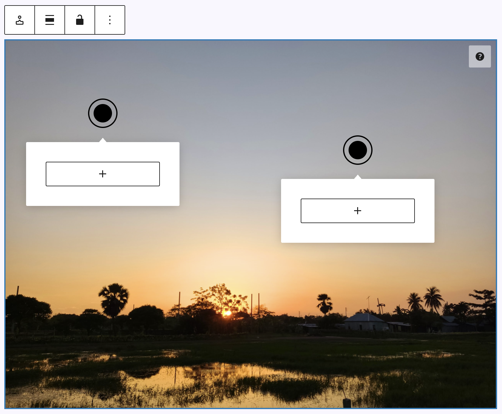 Screenshot of the Hotspot block with a background image added and two Hotspot in the top area with open empty popovers each.