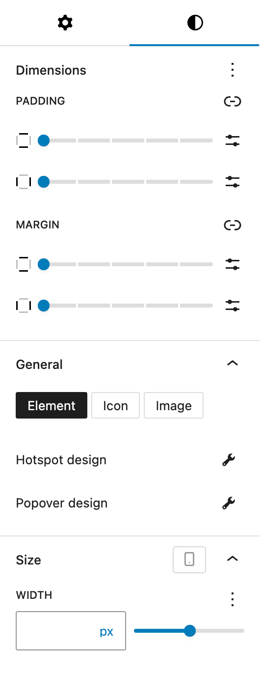 Screenshot of the Styles tab of the Hotspot block, explained in the following paragraphs.