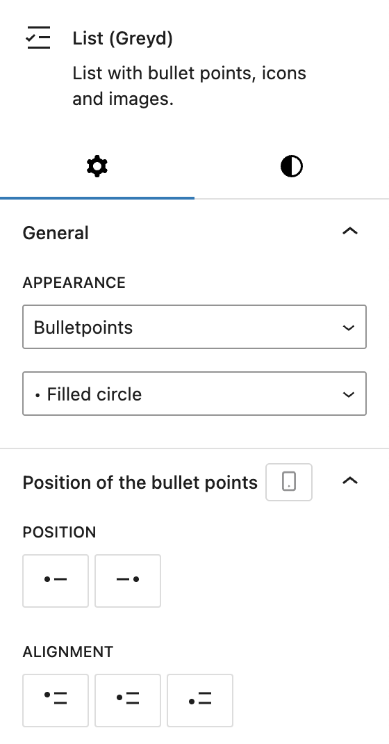 Screenshot of the List (Greyd) settings tab with Bulletpoints selected, explained in the following paragraphs.
