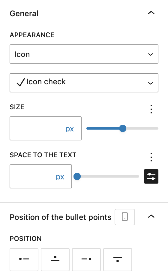 Screenshot of the List (Greyd) settings tab with Icon selected, explained in the following paragraphs.
